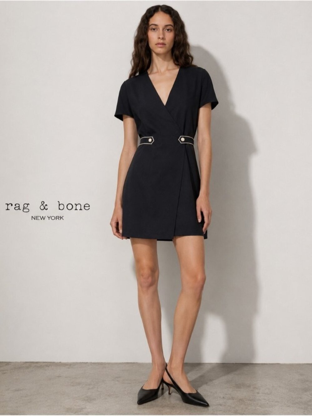 Rag & Bone Black Navy Wrap Mini Dress Contrast Trim V-Neck Short Sleeve Size M